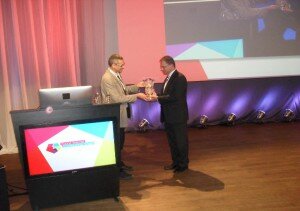 Joan Batlle Monserrat presenting the Waterford Crystal Award to Anistas Gravas from the Panlab project